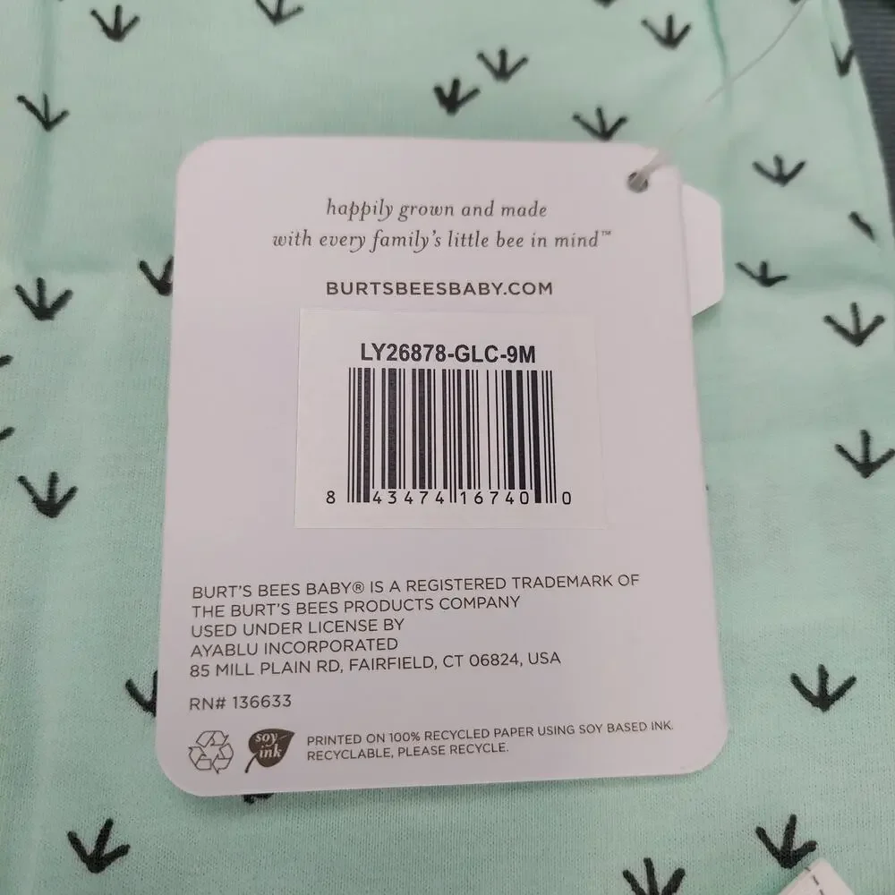 Burt's Bees One Piece Organic Cotton Romper With Hat Set Teal & Gray Size 6-9M